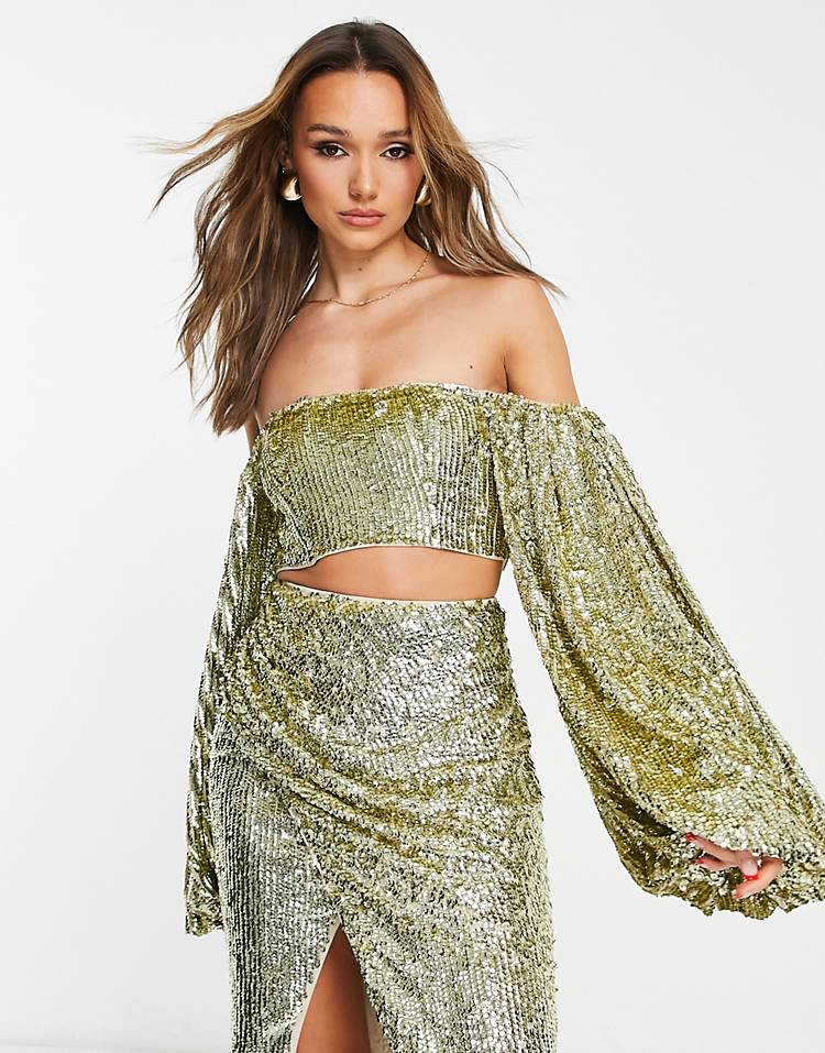 ASOS EDITION off shoulder tie back top and wrap midi skirt in pale gold sequin